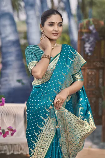 Banarasi satin silk woven turquiose blue jacquard work saree with blouse piece