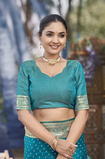 Banarasi satin silk woven turquiose blue jacquard work saree with blouse piece