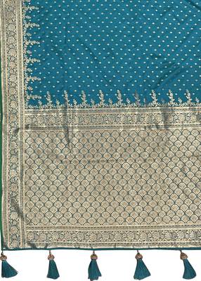 Banarasi satin silk woven turquiose blue jacquard work saree with blouse piece 6
