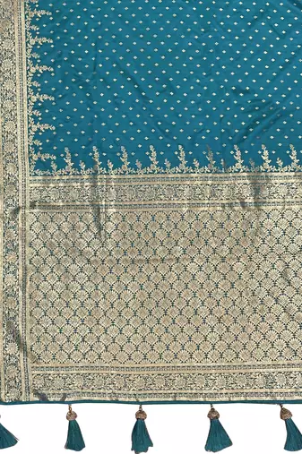 Banarasi satin silk woven turquiose blue jacquard work saree with blouse piece