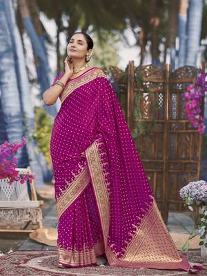 Banarasi satin silk woven pink jacquard work saree with blouse piece 1