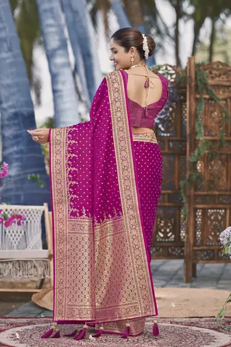 Banarasi satin silk woven pink jacquard work saree with blouse piece