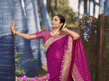 Banarasi satin silk woven pink jacquard work saree with blouse piece 4