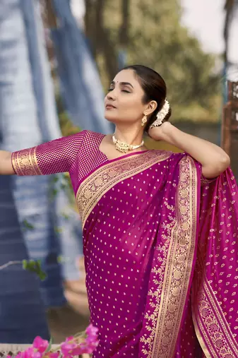 Banarasi satin silk woven pink jacquard work saree with blouse piece
