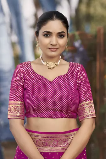 Banarasi satin silk woven pink jacquard work saree with blouse piece