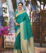 Banarasi satin silk woven green jacquard work saree with blouse piece