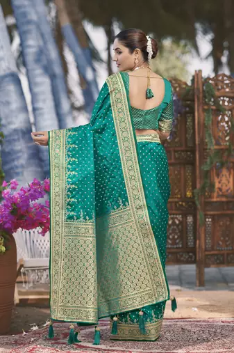 Banarasi satin silk woven green jacquard work saree with blouse piece