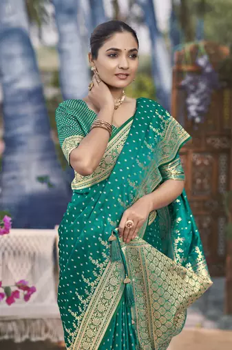 Banarasi satin silk woven green jacquard work saree with blouse piece