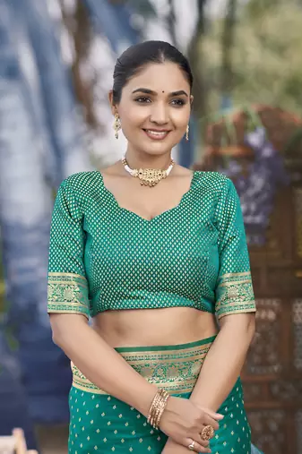 Banarasi satin silk woven green jacquard work saree with blouse piece