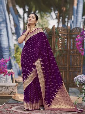 Banarasi satin silk woven purple jacquard work saree with blouse piece 1