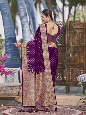 Banarasi satin silk woven purple jacquard work saree with blouse piece 2