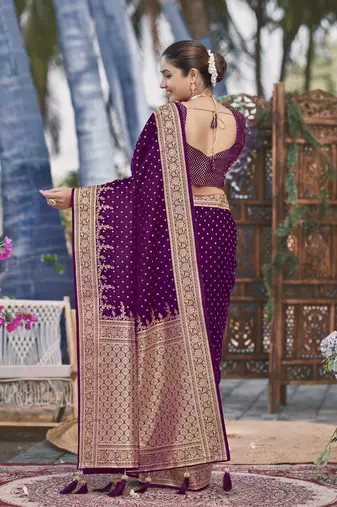 Banarasi satin silk woven purple jacquard work saree with blouse piece
