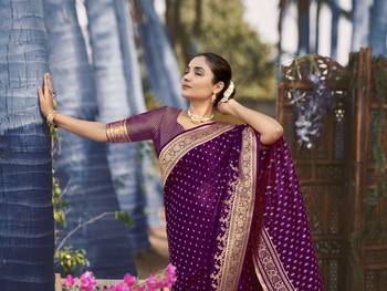 Banarasi satin silk woven purple jacquard work saree with blouse piece 3