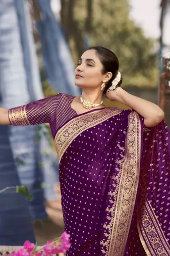 Banarasi satin silk woven purple jacquard work saree with blouse piece