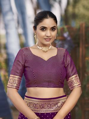 Banarasi satin silk woven purple jacquard work saree with blouse piece 4