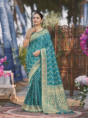 Banarasi satin silk woven turquiose blue jacquard work saree with blouse piece 1
