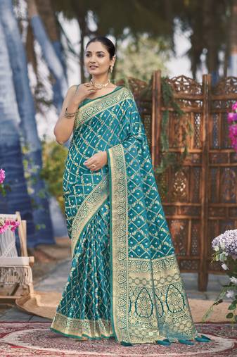 Banarasi satin silk woven turquiose blue jacquard work saree with blouse piece
