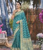 Banarasi satin silk woven turquiose blue jacquard work saree with blouse piece