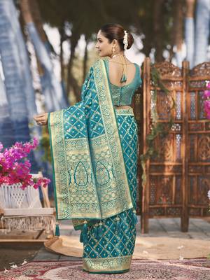 Banarasi satin silk woven turquiose blue jacquard work saree with blouse piece 3