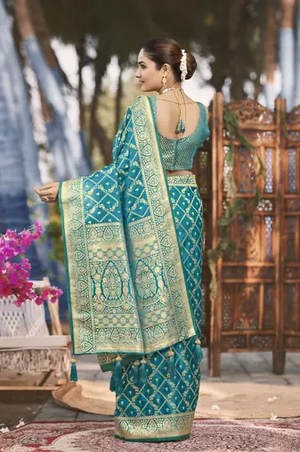 Banarasi satin silk woven turquiose blue jacquard work saree with blouse piece