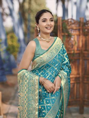 Banarasi satin silk woven turquiose blue jacquard work saree with blouse piece 4