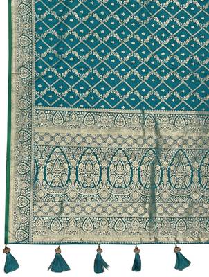 Banarasi satin silk woven turquiose blue jacquard work saree with blouse piece 6