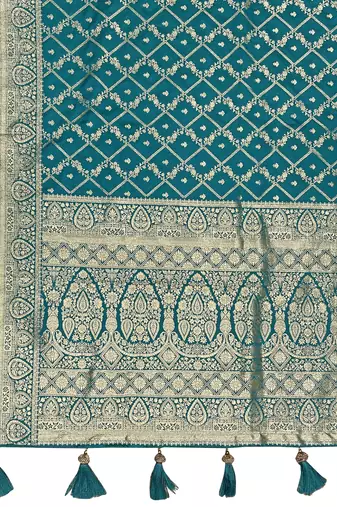 Banarasi satin silk woven turquiose blue jacquard work saree with blouse piece