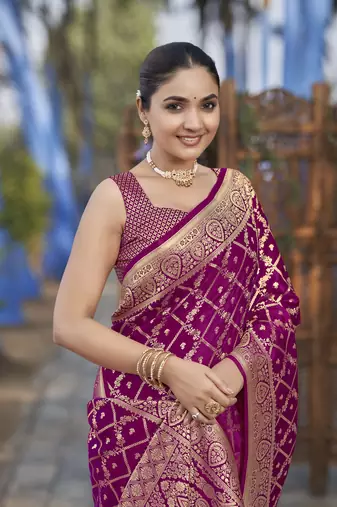 Banarasi satin silk woven pink jacquard work saree with blouse piece