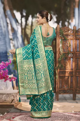 Banarasi satin silk woven green jacquard work saree with blouse piece