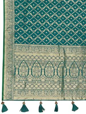 Banarasi satin silk woven green jacquard work saree with blouse piece 5