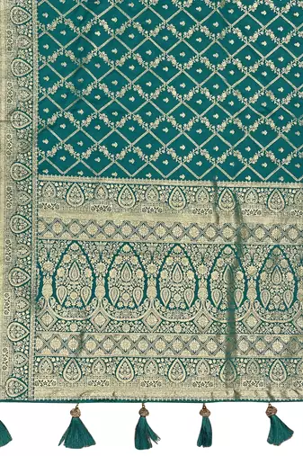 Banarasi satin silk woven green jacquard work saree with blouse piece