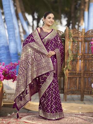 Banarasi satin silk woven purple jacquard work saree with blouse piece 1