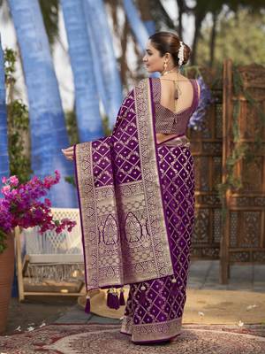Banarasi satin silk woven purple jacquard work saree with blouse piece 2