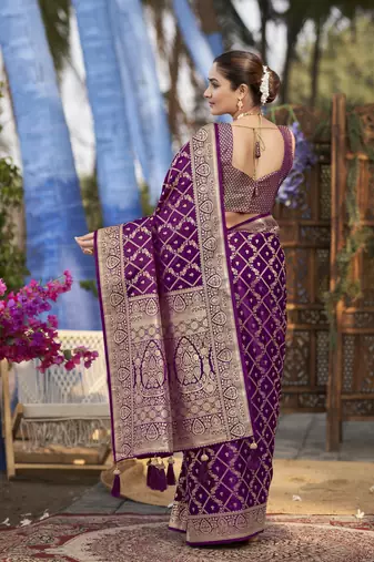 Banarasi satin silk woven purple jacquard work saree with blouse piece