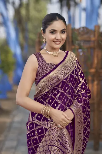 Banarasi satin silk woven purple jacquard work saree with blouse piece