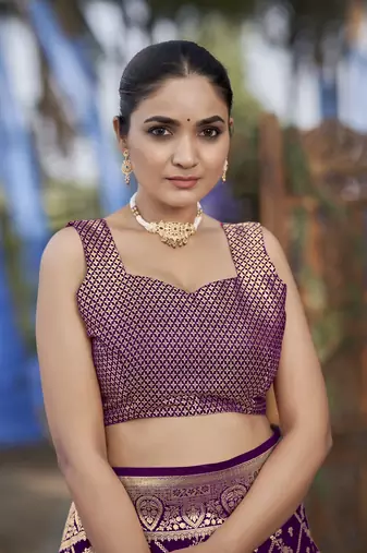 Banarasi satin silk woven purple jacquard work saree with blouse piece