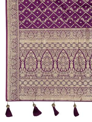Banarasi satin silk woven purple jacquard work saree with blouse piece 5