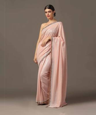 Peach sequins embroidered saree set 1