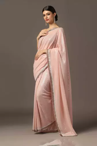 Peach sequins embroidered saree set