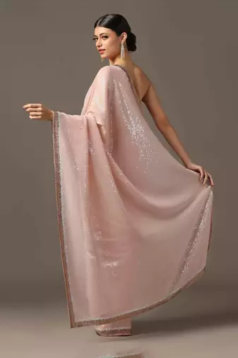 Peach sequins embroidered saree set