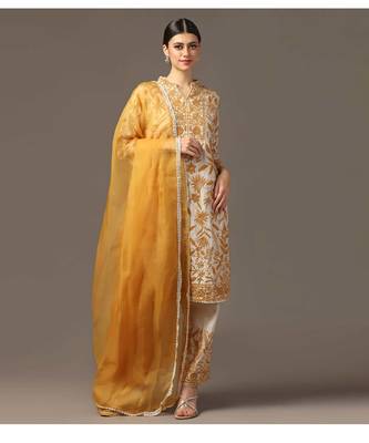 Mustard yellow parsi embroidered jaal kurta paired with pants and organza dupatta 1