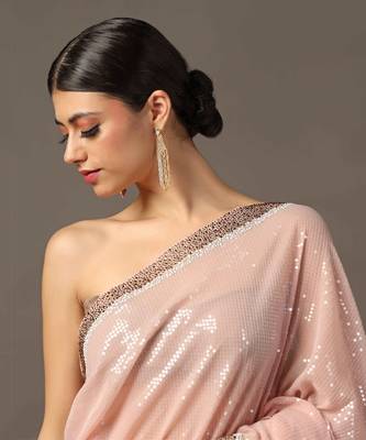 Peach sequins embroidered saree set 5