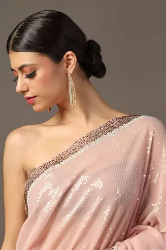 Peach sequins embroidered saree set