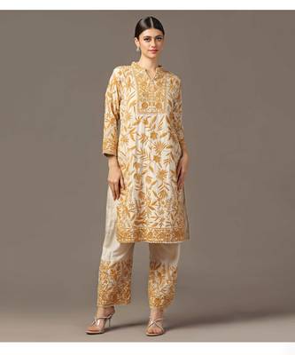 Mustard yellow parsi embroidered jaal kurta paired with pants and organza dupatta 2