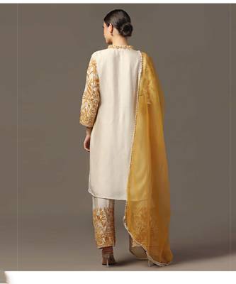 Mustard yellow parsi embroidered jaal kurta paired with pants and organza dupatta 4
