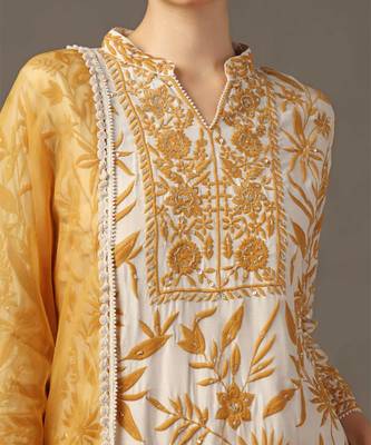 Mustard yellow parsi embroidered jaal kurta paired with pants and organza dupatta 5