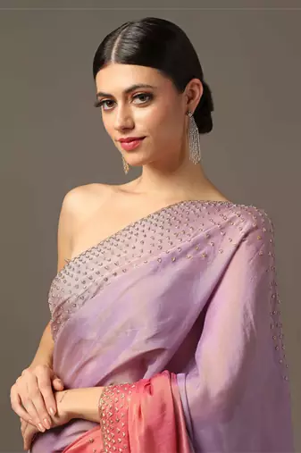 Pink and purple hued border saree set