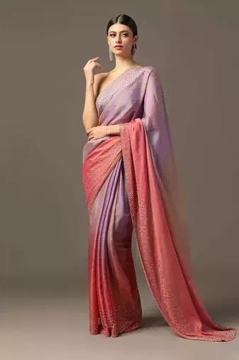 Pink and purple hued border saree set