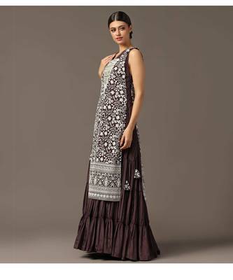 Purple tiered sleeveless anarkali gown with a white parsi straight cape 1