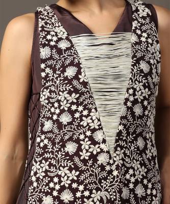 Purple tiered sleeveless anarkali gown with a white parsi straight cape 2